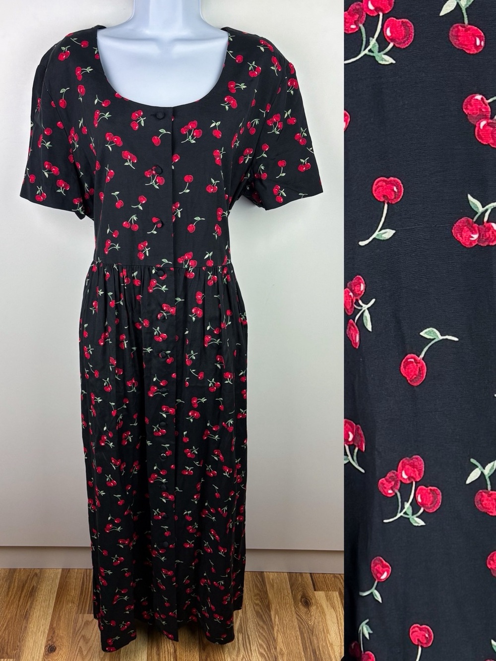 Vintage Cherries Cherry Pattern Short Sleeve Button Down Maxi Dress Rayon Black